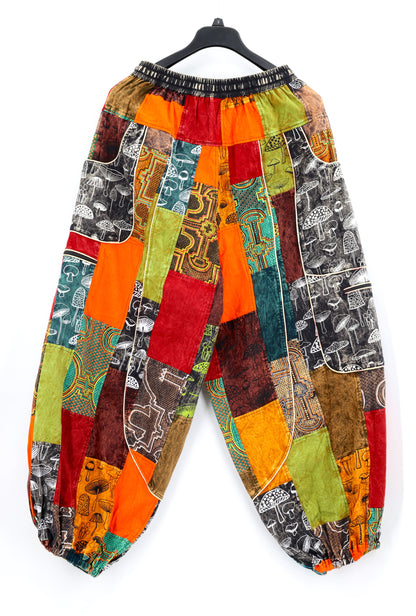 Mushroom Patchwork Multi-Pocket Harem Pants | Hand-Stitched Cotton Cargo