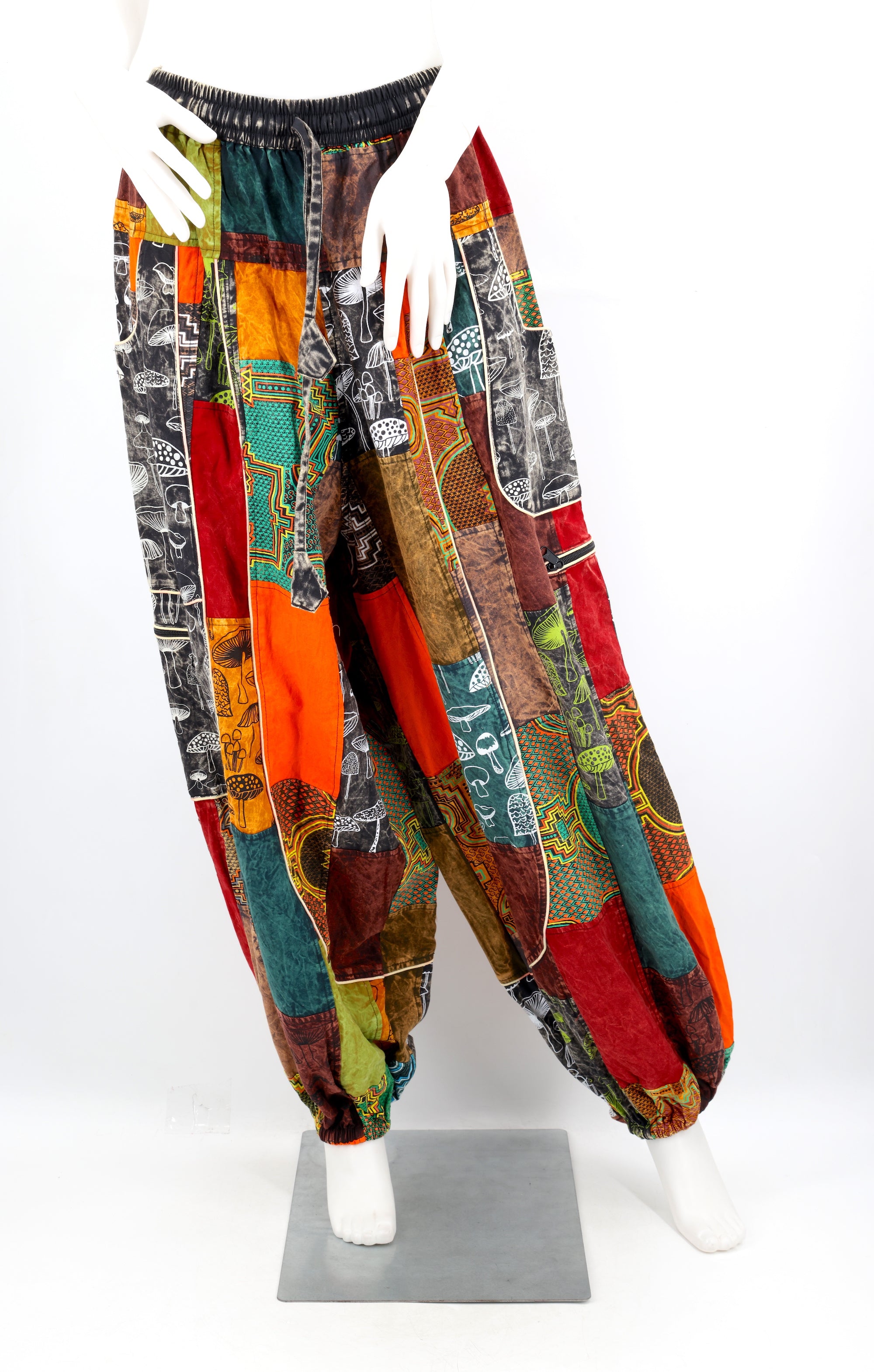 Mushroom Patchwork Multi-Pocket Harem Pants | Hand Stitched Cotton