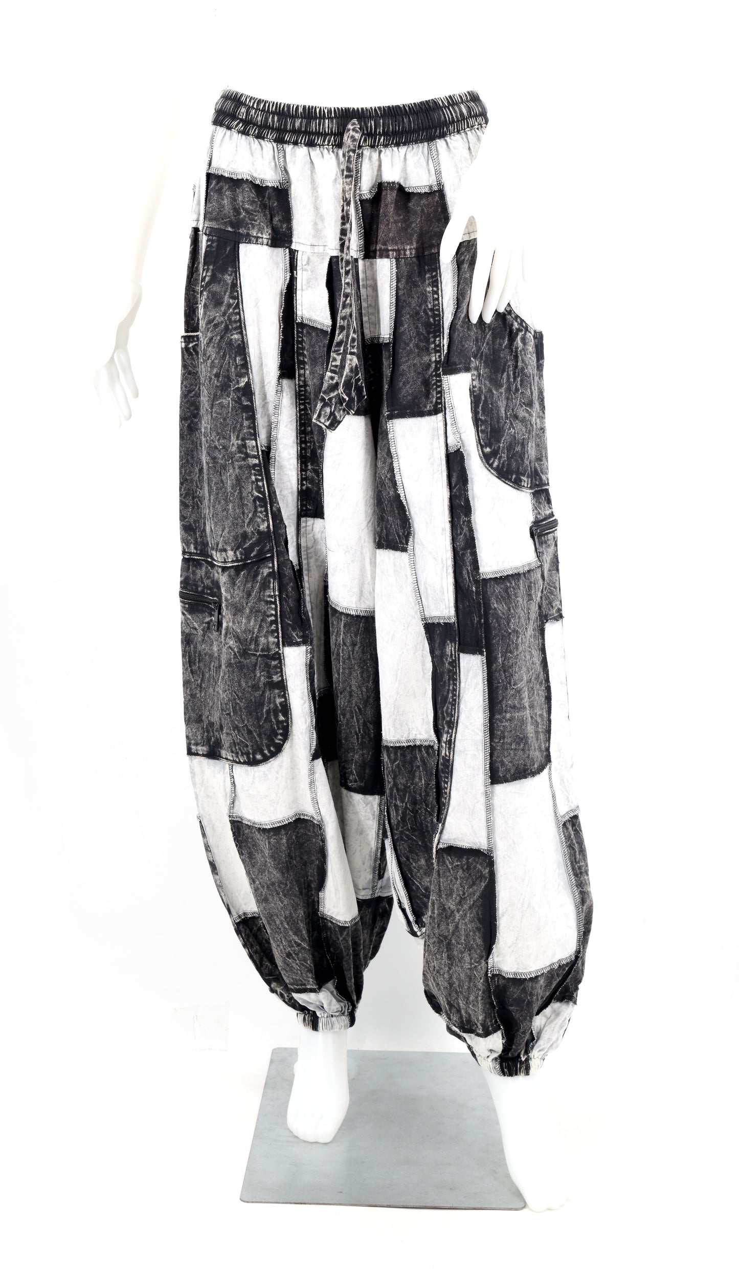 Stone-Washed Patchwork Multi-Pocket Harem Pants | Hand-Stitched Cotton