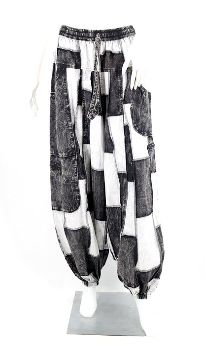 Stone-Washed Patchwork Multi-Pocket Harem Pants | Hand-Stitched Cotton