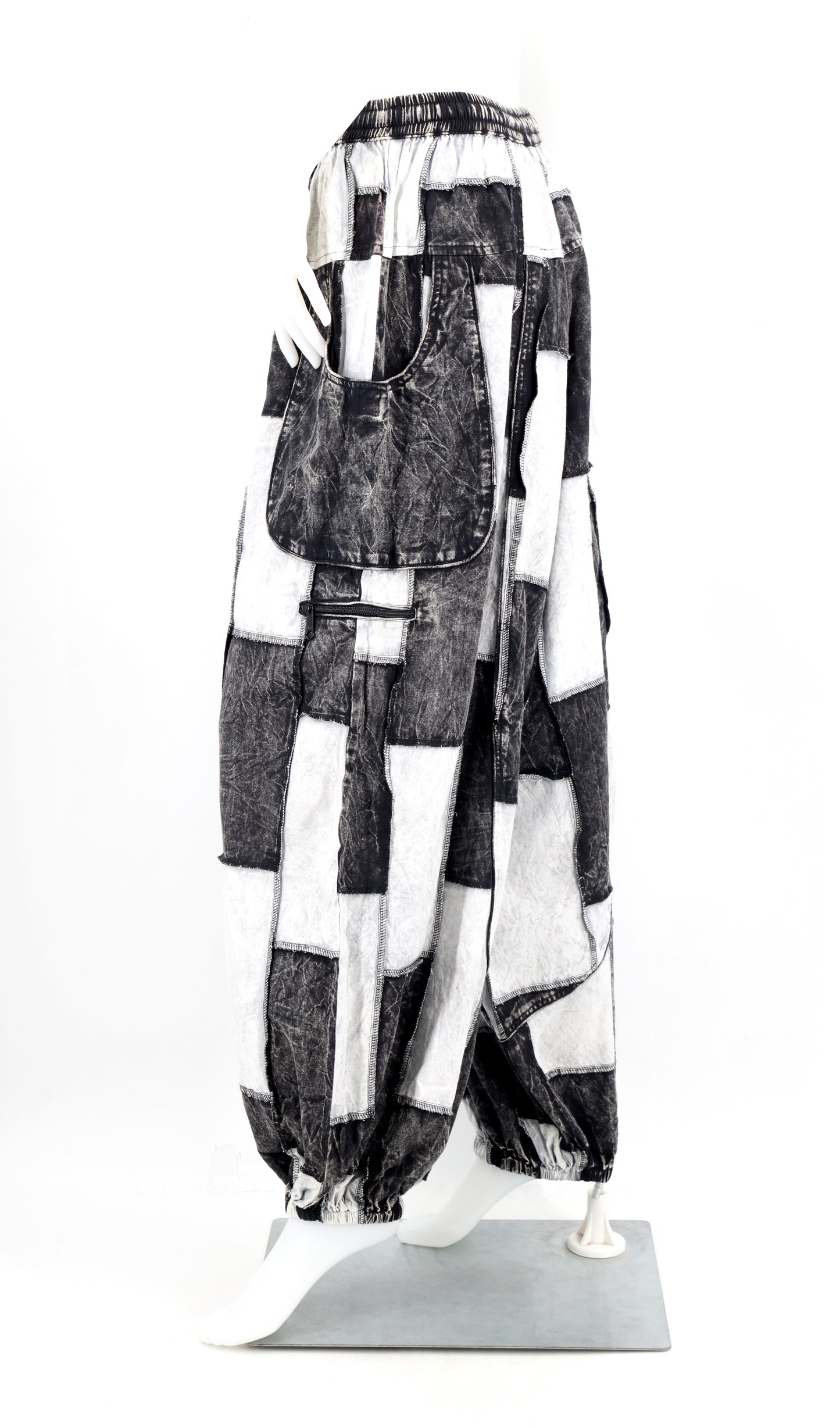 Stone-Washed Patchwork Multi-Pocket Harem Pants | Hand-Stitched Cotton