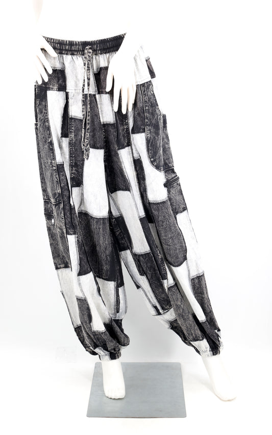Stone-Washed Patchwork Multi-Pocket Harem Pants | Hand-Stitched Cotton