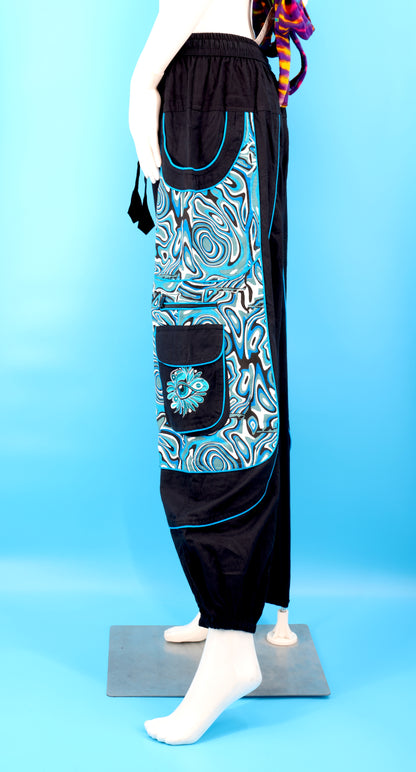 Psychedelic Marbled Print Wook Pants | Black Harem Cotton Cargo