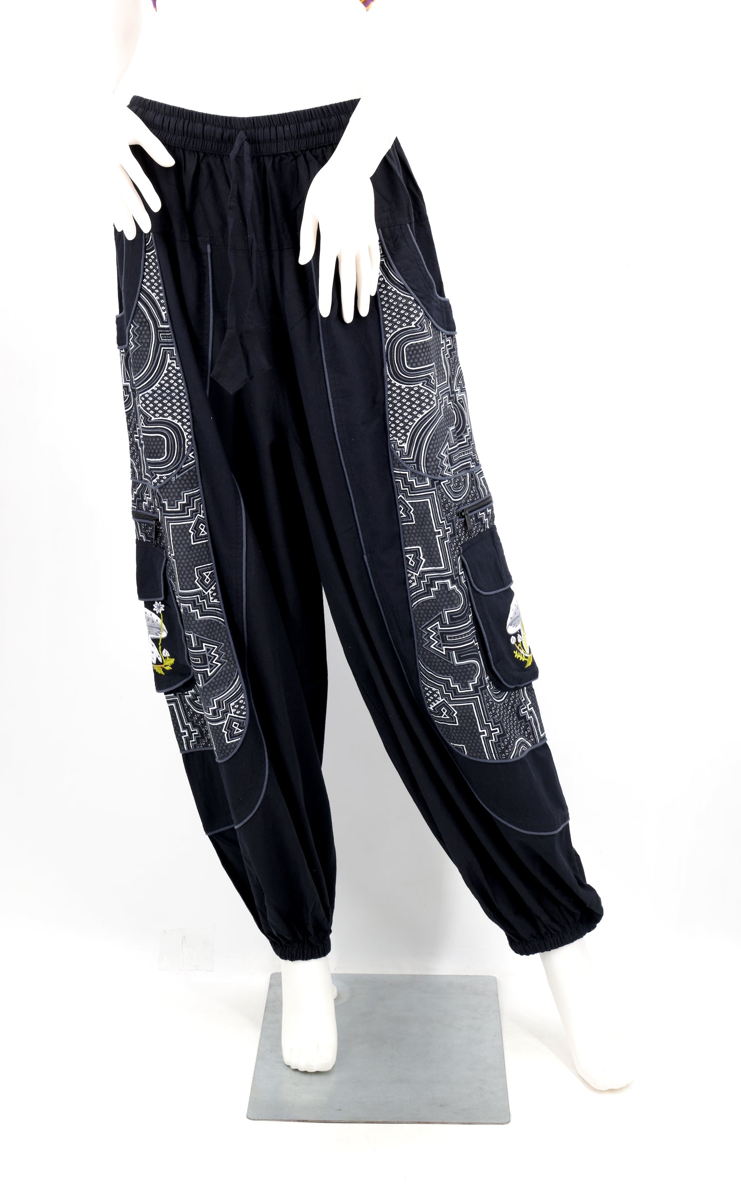 Geometric Tribal Multi-Pocket Harem Pants | Mushroom Hand-Embroidered Cotton Trousers