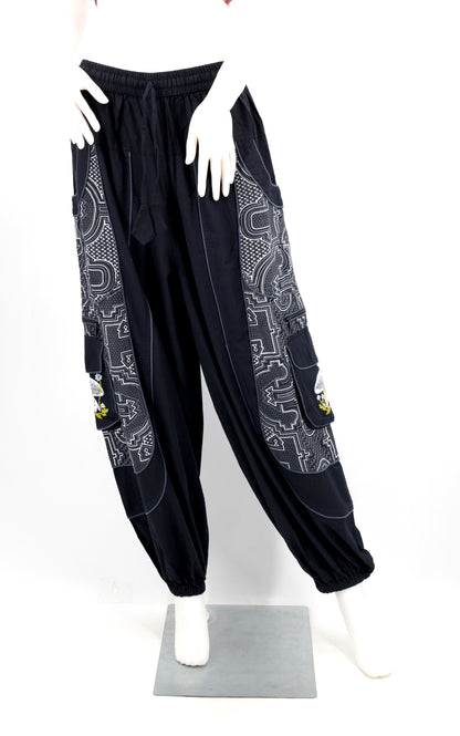 Geometric Tribal Multi-Pocket Harem Pants | Mushroom Hand-Embroidered Cotton Trousers