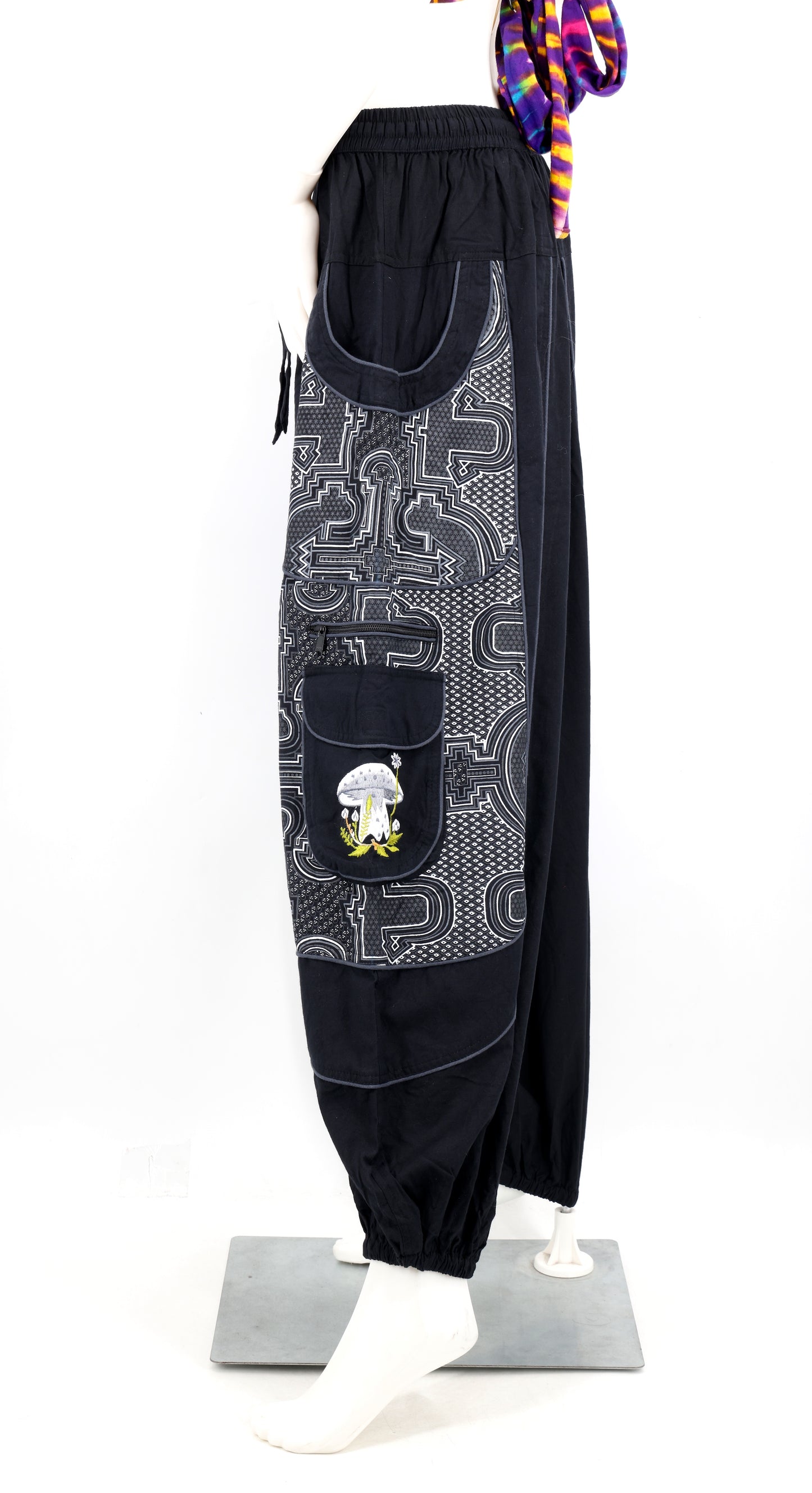 Geometric Tribal Multi-Pocket Harem Pants | Mushroom Hand-Embroidered Cotton Trousers