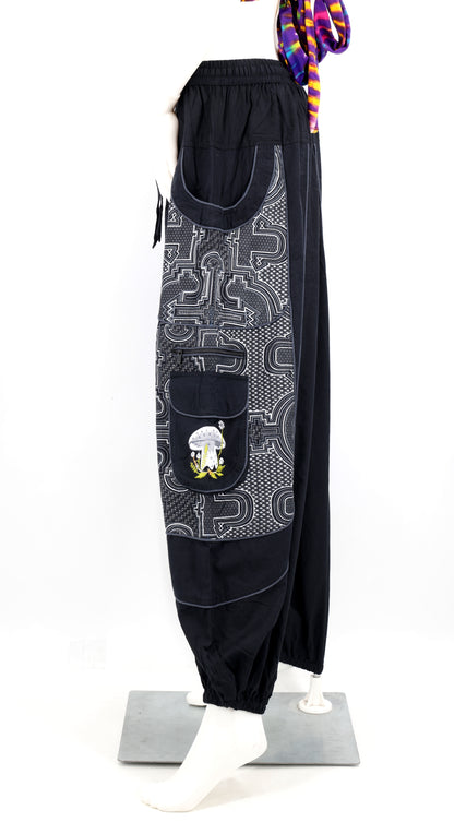 Geometric Tribal Multi-Pocket Harem Pants | Mushroom Hand-Embroidered Cotton Trousers