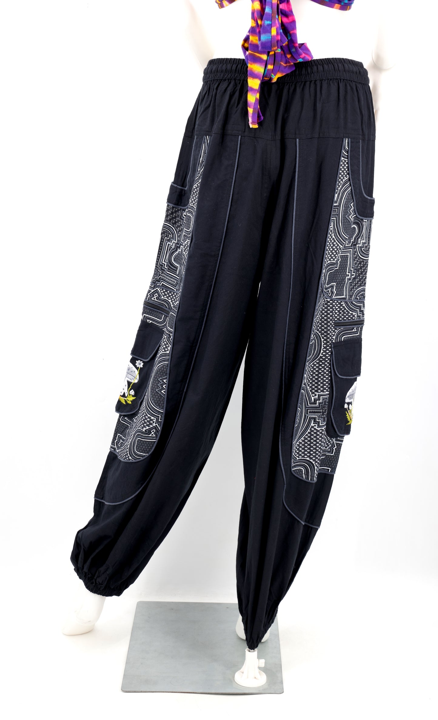 Geometric Tribal Multi-Pocket Harem Pants | Mushroom Hand-Embroidered Cotton Trousers