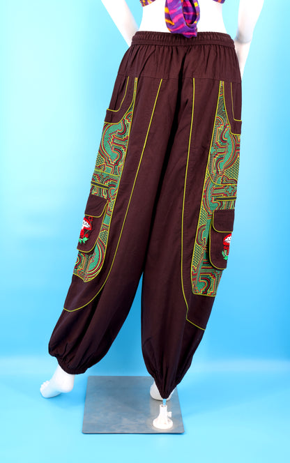 Geometrische Tribal-Haremshose mit mehreren Taschen | Handbestickte Baumwollhose mit Pilzmotiv