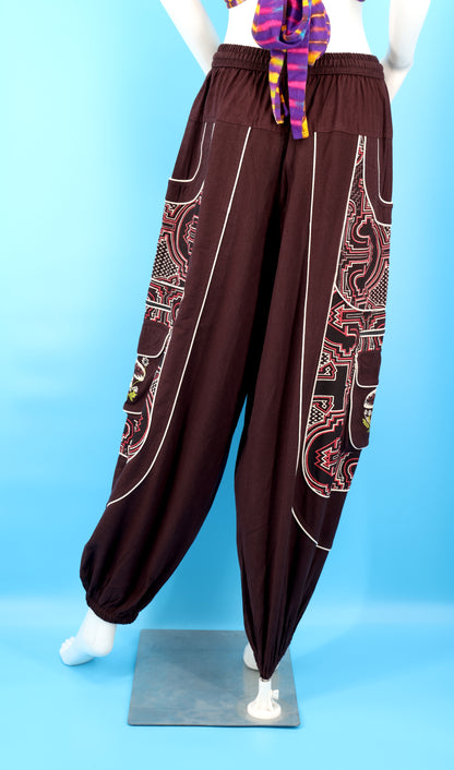 Geometrische Tribal-Haremshose mit mehreren Taschen | Handbestickte Baumwollhose mit Pilzmotiv