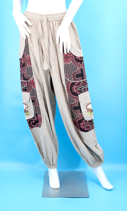 Geometrische Tribal-Haremshose mit mehreren Taschen | Handbestickte Baumwollhose mit Pilzmotiv