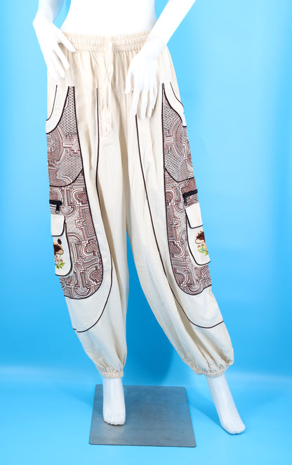 Geometrische Tribal-Haremshose mit mehreren Taschen | Handbestickte Baumwollhose mit Pilzmotiv