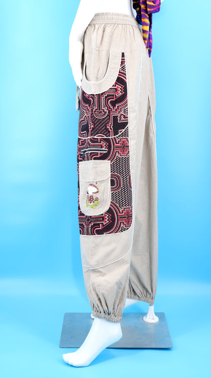 Geometrische Tribal-Haremshose mit mehreren Taschen | Handbestickte Baumwollhose mit Pilzmotiv