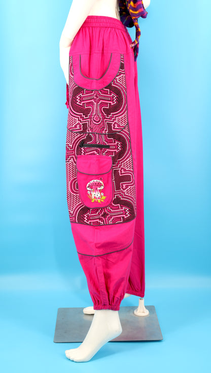 Geometrische Tribal-Haremshose mit mehreren Taschen | Handbestickte Baumwollhose mit Pilzmotiv