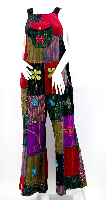 Floral Embroidered Patchwork Overalls | Light Cotton Jumpsuit