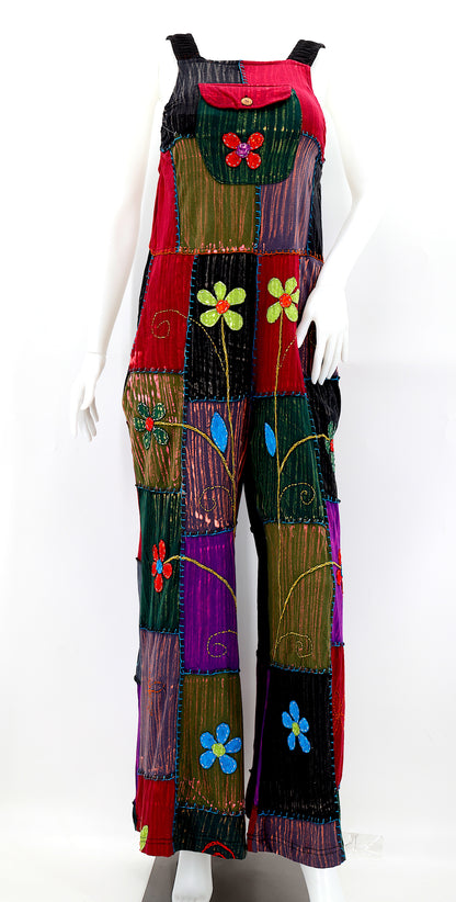 Floral Embroidered Patchwork Overalls | Light Cotton Jumpsuit