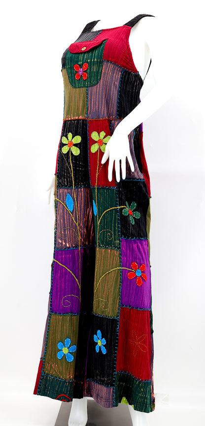Floral Embroidered Patchwork Overalls | Light Cotton Jumpsuit