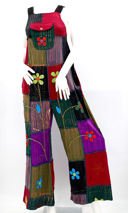 Floral Embroidered Patchwork Overalls | Light Cotton Jumpsuit