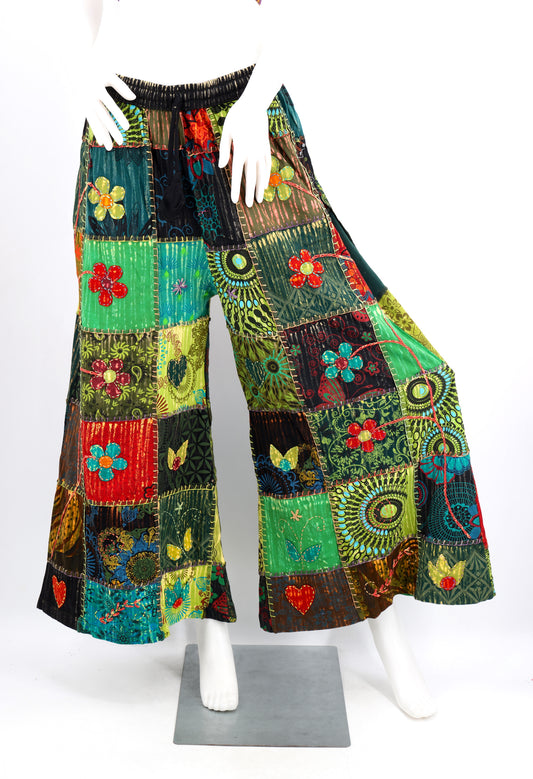Floral Embroidered Patchwork Palazzo Pants | Wide Leg Cotton