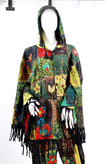 Floral Embroidered Patchwork Poncho | Hooded Fringe Cotton