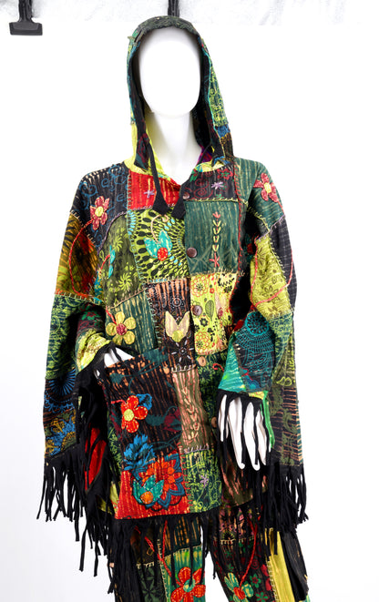 Floral Embroidered Patchwork Poncho | Hooded Fringe Cotton