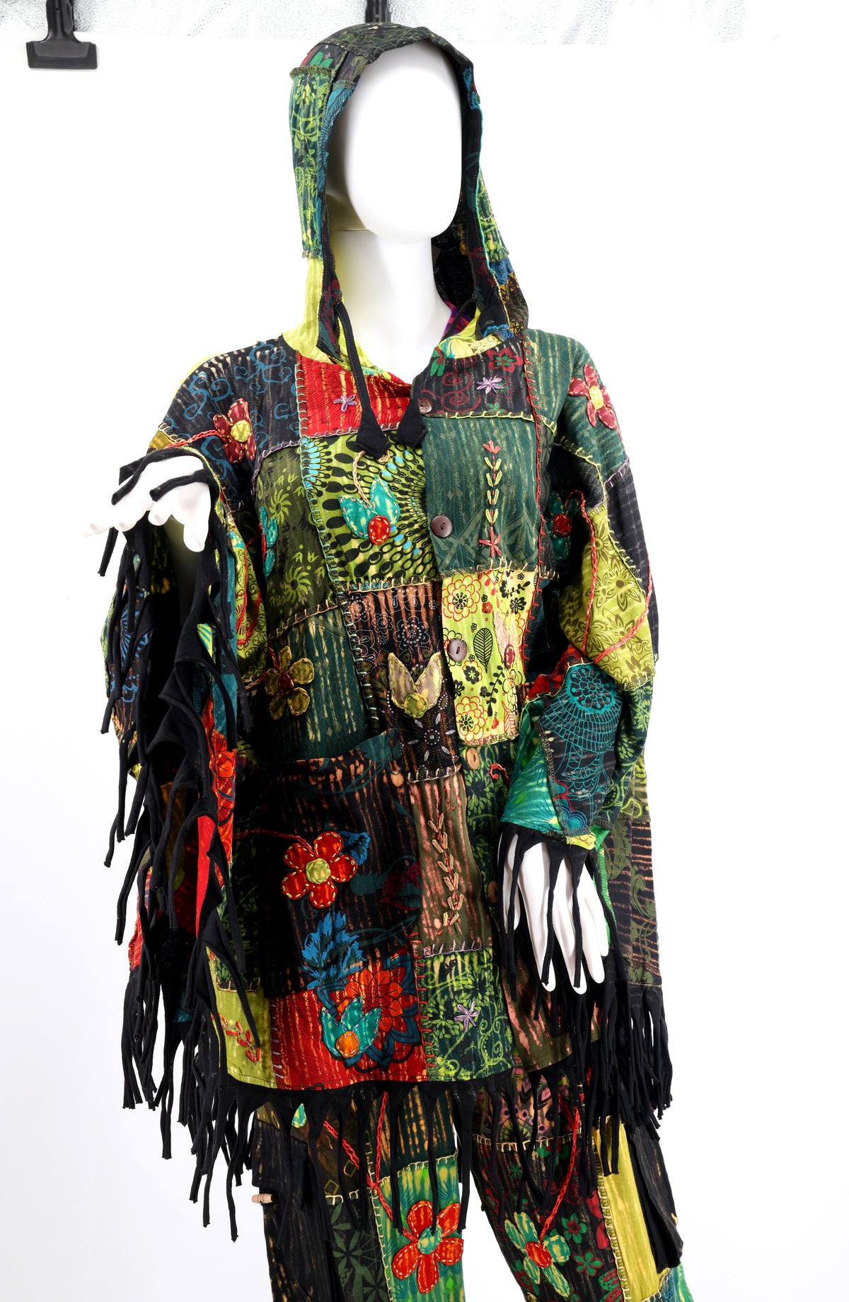 Floral Embroidered Patchwork Poncho | Hooded Fringe Cotton