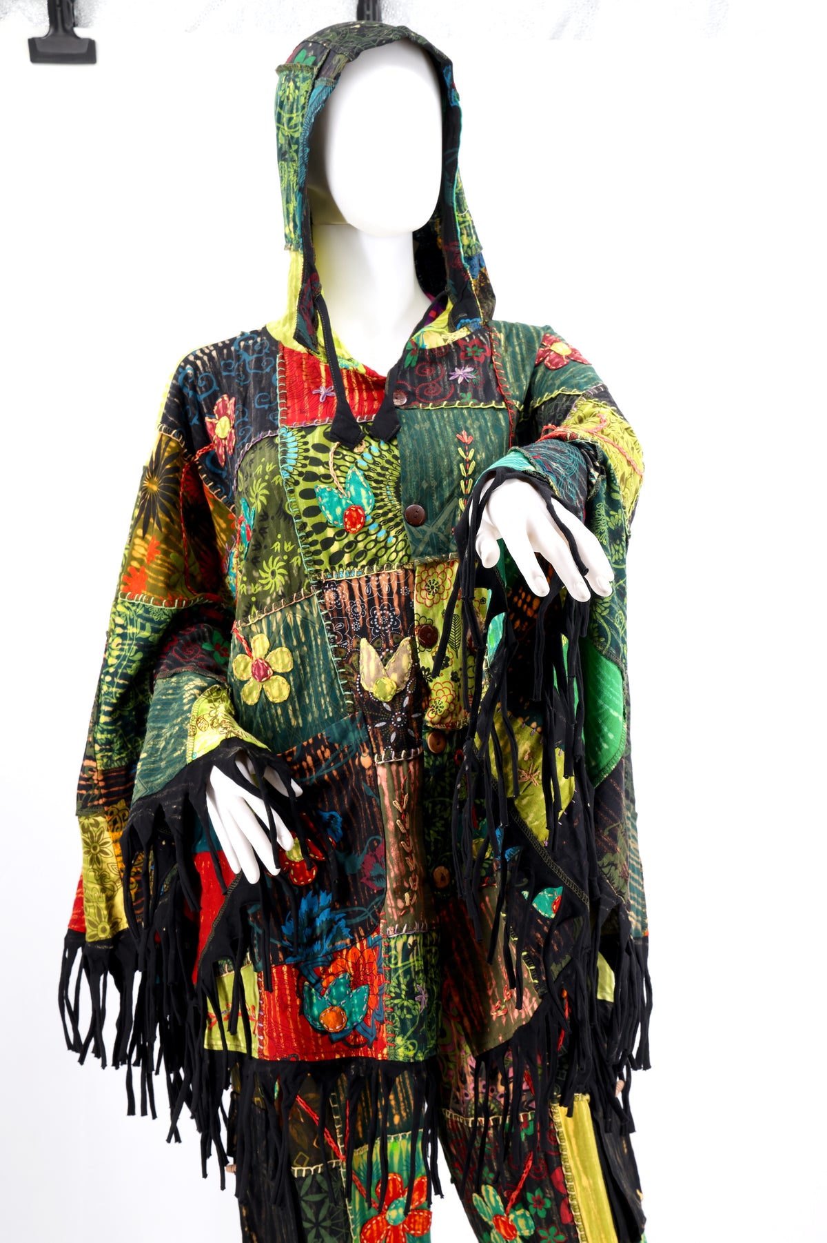 Floral Embroidered Patchwork Poncho | Hooded Fringe Cotton