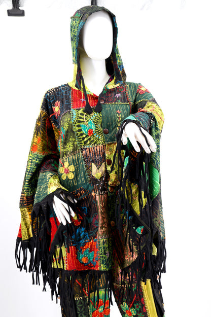 Floral Embroidered Patchwork Poncho | Hooded Fringe Cotton
