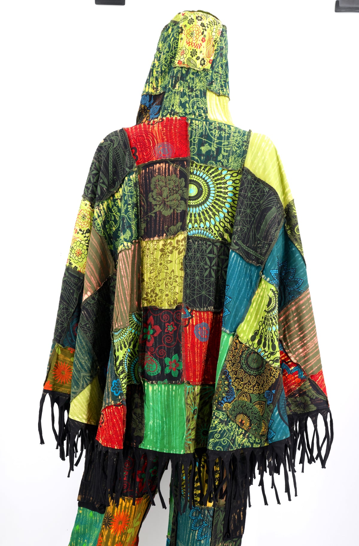 Floral Embroidered Patchwork Poncho | Hooded Fringe Cotton