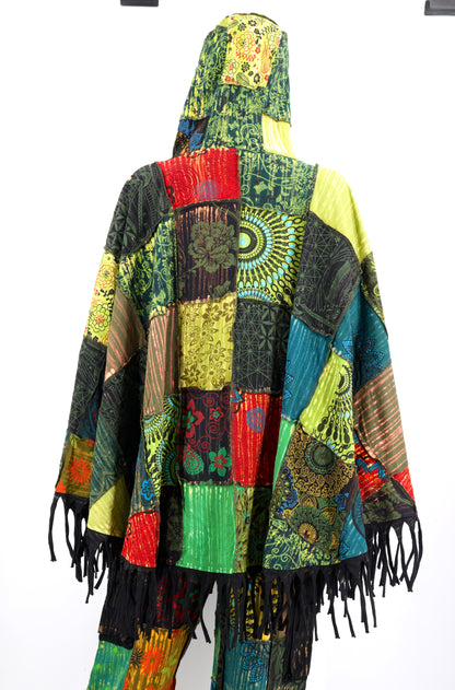 Floral Embroidered Patchwork Poncho | Hooded Fringe Cotton