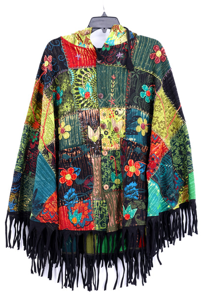 Floral Embroidered Patchwork Poncho | Hooded Fringe Cotton