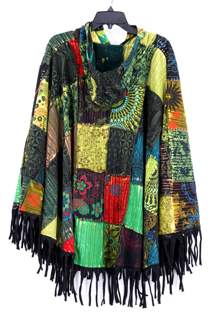 Floral Embroidered Patchwork Poncho | Hooded Fringe Cotton