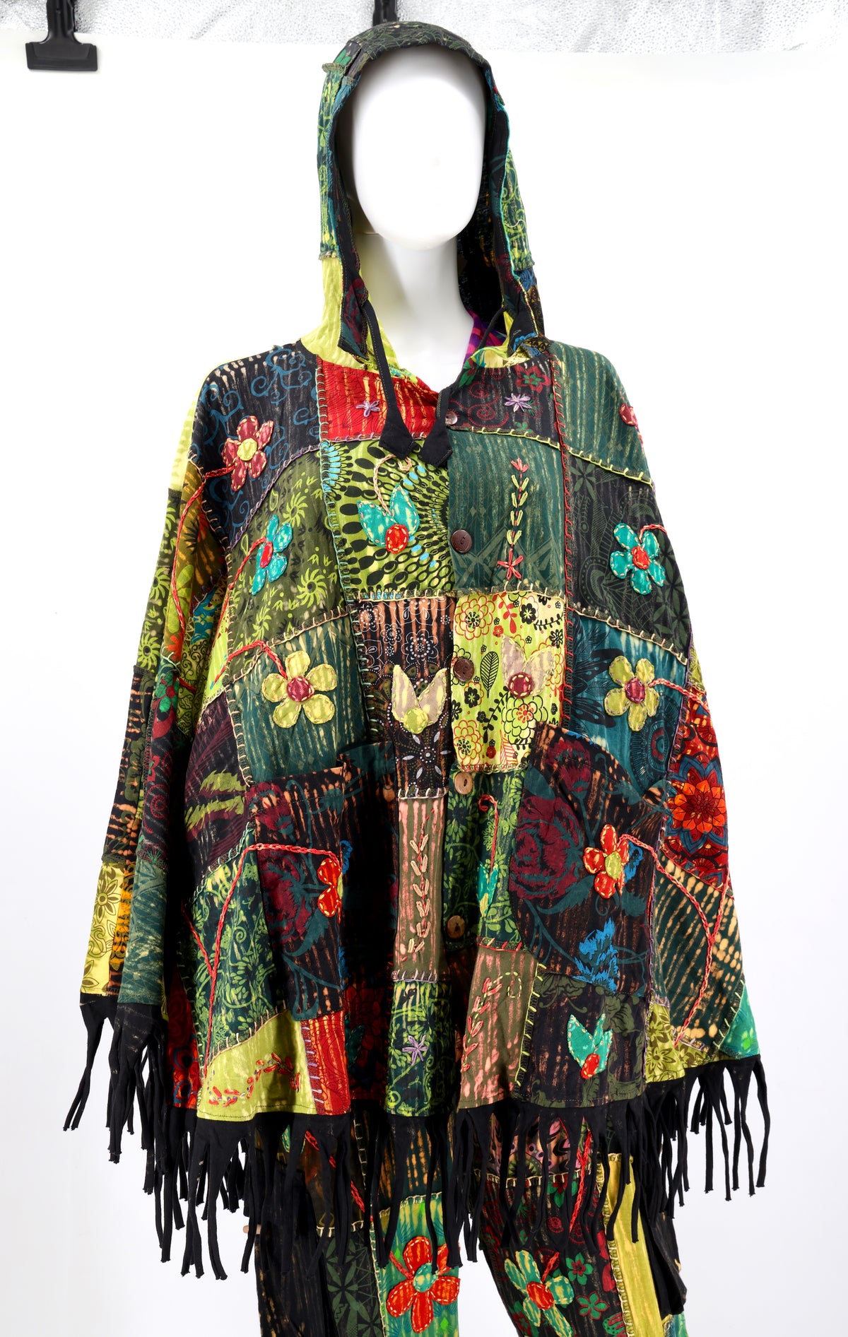 Floral Embroidered Patchwork Poncho | Hooded Fringe Cotton