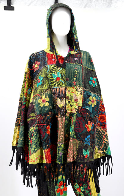 Floral Embroidered Patchwork Poncho | Hooded Fringe Cotton