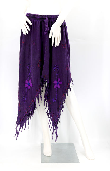 Cotton Hippie Handmade Floral Embroidered Stone Washed Fringe Skirt