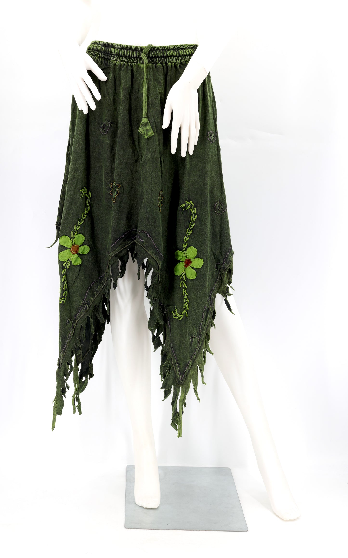 Cotton Hippie Handmade Floral Embroidered Stone Washed Fringe Skirt