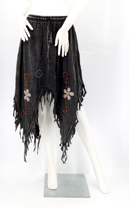 Cotton Hippie Handmade Floral Embroidered Stone Washed Fringe Skirt