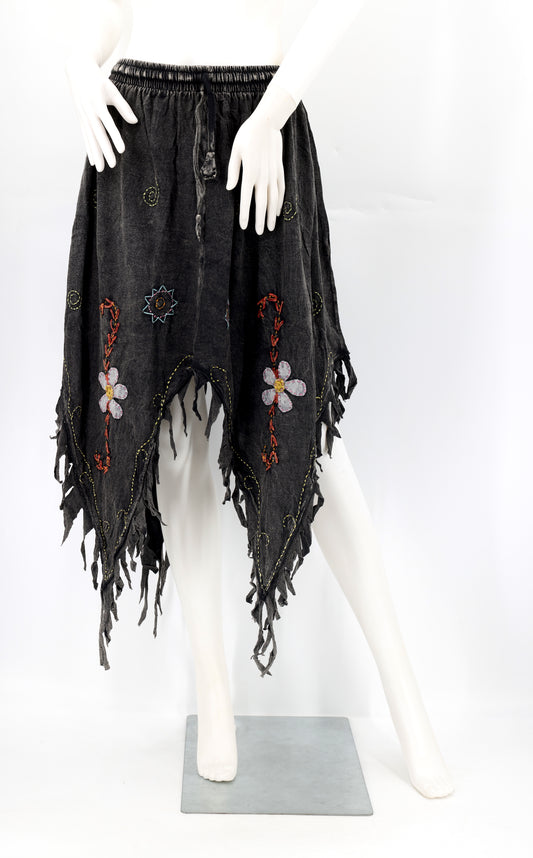 Cotton Hippie Handmade Floral Embroidered Stone Washed Fringe Skirt