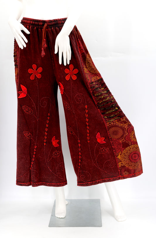 Cotton Hippie Handmade Floral Embroidered Wide Leg Bohemian Pants, Palazzo Pants, Boho Pants