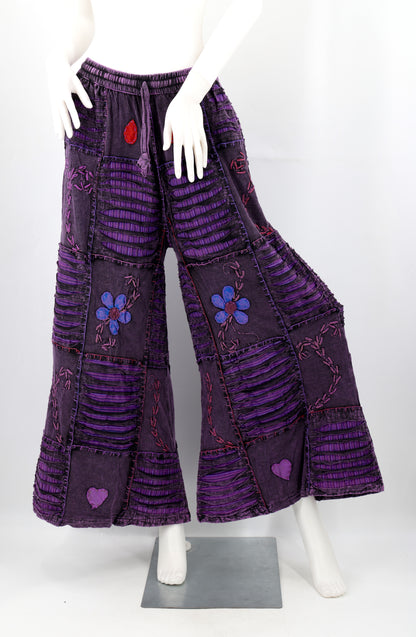 Floral Embroidered Patchwork Palazzo Pants | Wide Leg Cotton Pants