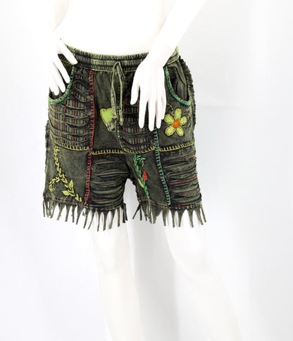 Cotton Hippie Handmade Floral Embroidered Patchwork Bohemian Shorts