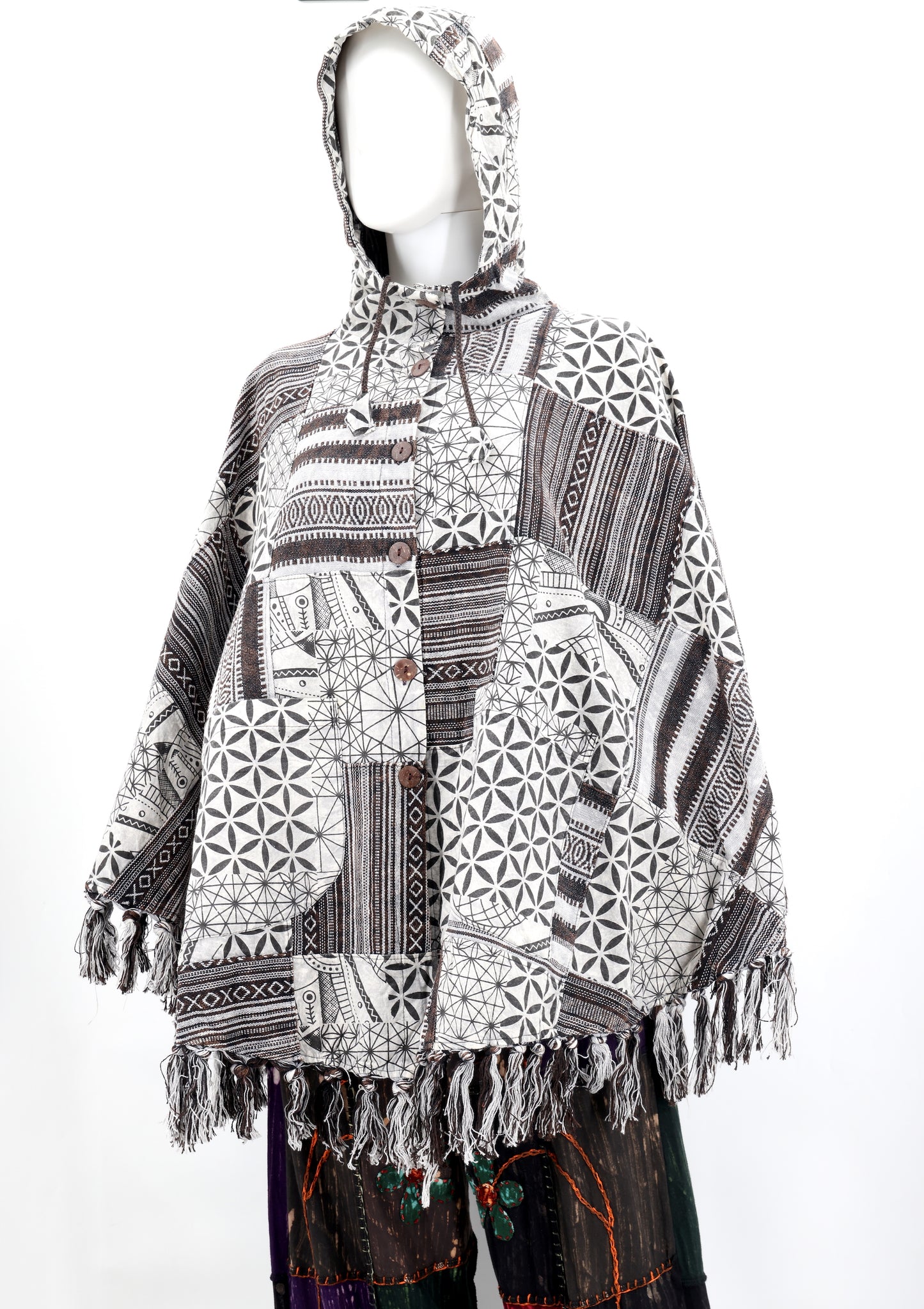 Cotton Hippie Handmade Geometric Patterned Patchwork Bohemian Poncho with Tassels