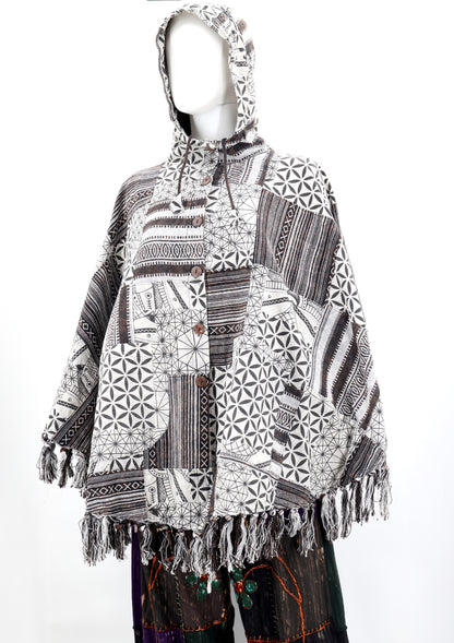 Cotton Hippie Handmade Geometric Patterned Patchwork Bohemian Poncho with Tassels