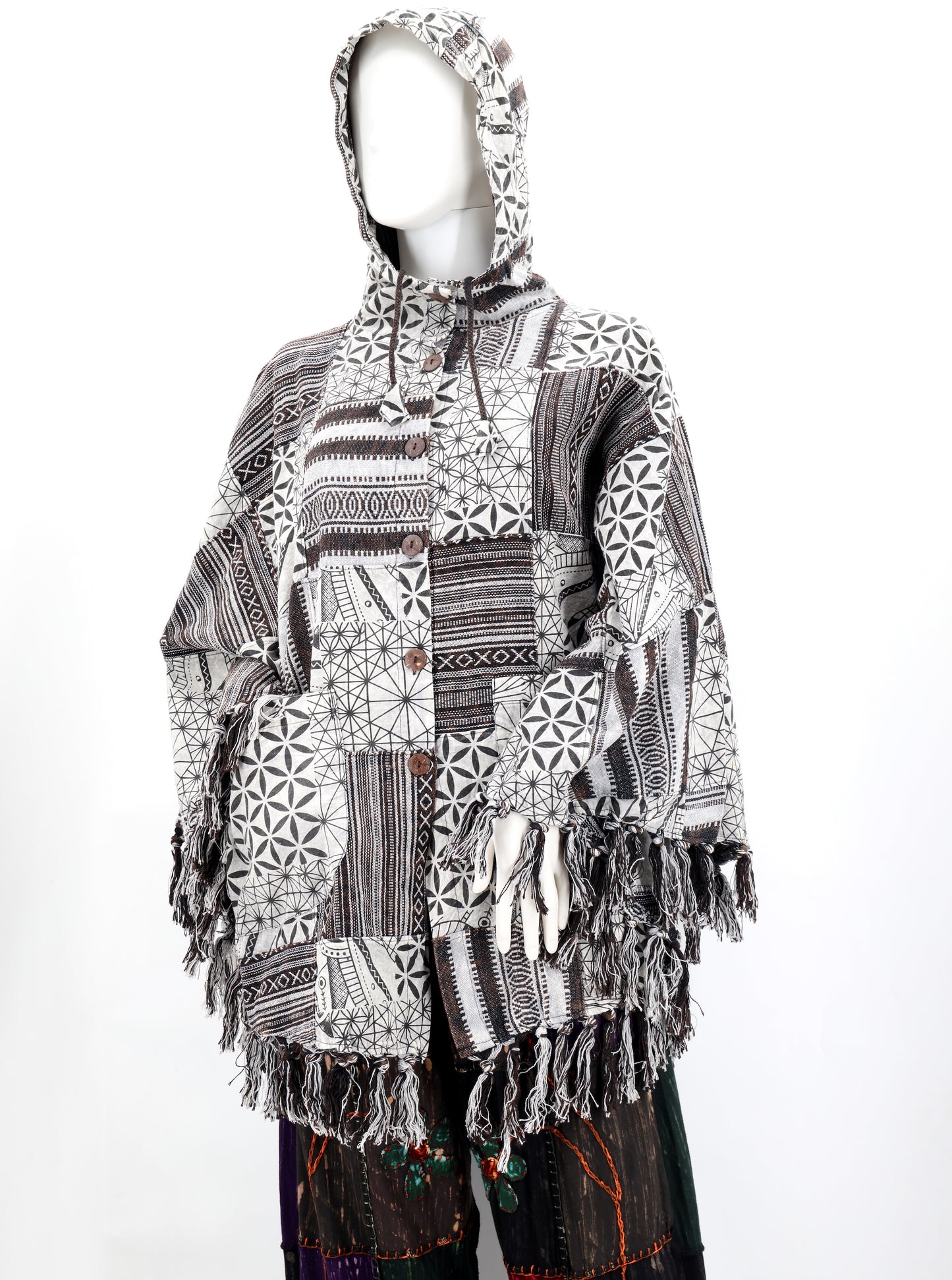 Cotton Hippie Handmade Geometric Patterned Patchwork Bohemian Poncho with Tassels