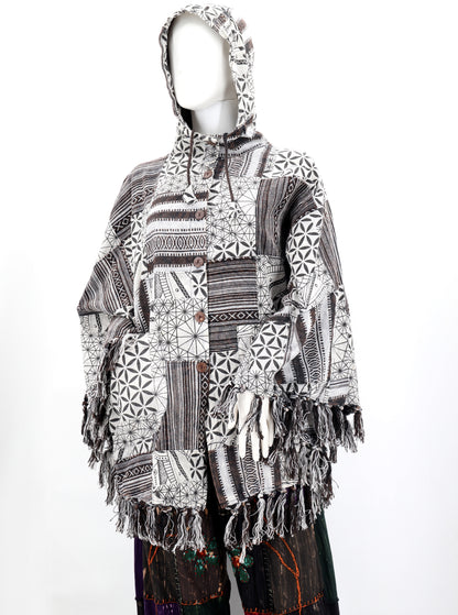 Cotton Hippie Handmade Geometric Patterned Patchwork Bohemian Poncho with Tassels