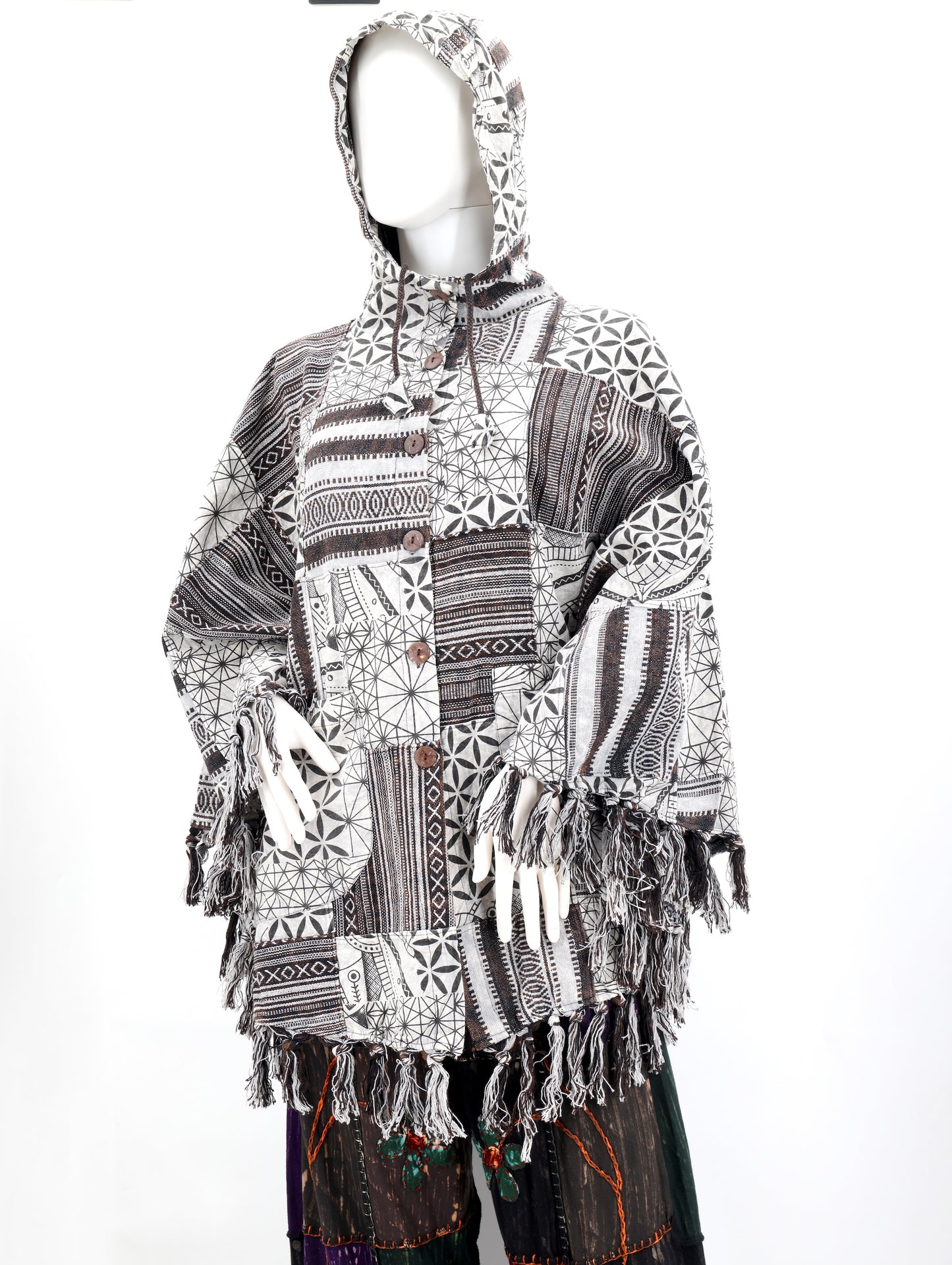 Cotton Hippie Handmade Geometric Patterned Patchwork Bohemian Poncho with Tassels