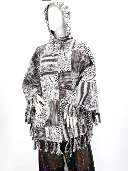 Cotton Hippie Handmade Geometric Patterned Patchwork Bohemian Poncho with Tassels