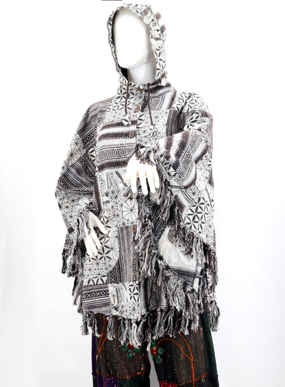 Cotton Hippie Handmade Geometric Patterned Patchwork Bohemian Poncho with Tassels