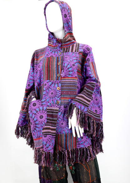 Cotton Hippie Handmade Geometric Patterned Patchwork Bohemian Poncho with Tassels