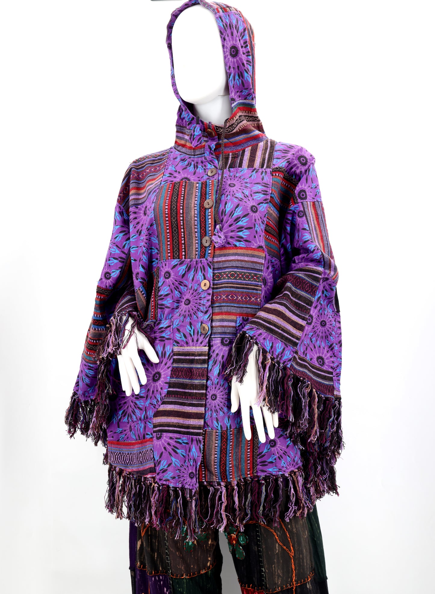 Cotton Hippie Handmade Geometric Patterned Patchwork Bohemian Poncho with Tassels